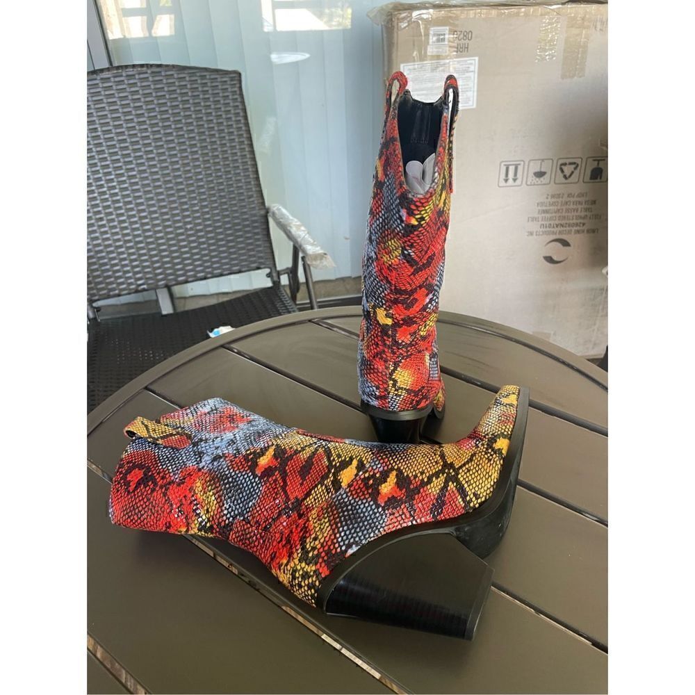 Azalea Wang Midcalf Multicolor Snakeskin Print Western Boots Red/Yellow Size 6 - Picture 11 of 14